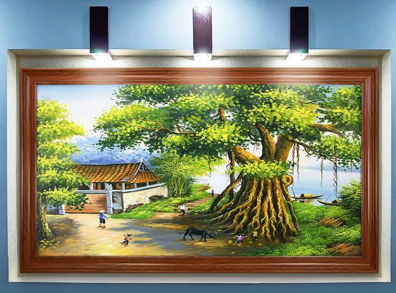 Tranh âm tường đồng quê tạo điểm nhấn độc đáo cho phòng khách