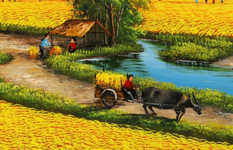 Tranh âm tường đồng quê với cảnh thu hoạch lúa, gợi nhớ vẻ đẹp mộc mạc của làng quê