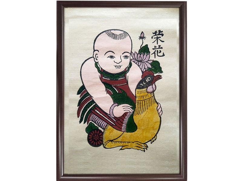 Tranh dân gian bé trai ôm gà mang lời chúc đại cát, đại lợi