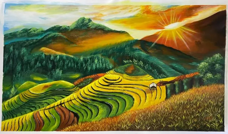 Tranh bình minh trên cánh đồng vàng mang đến cảm giác khởi đầu mới mẻ, thuận lợi, mở ra cơ hội phát triển