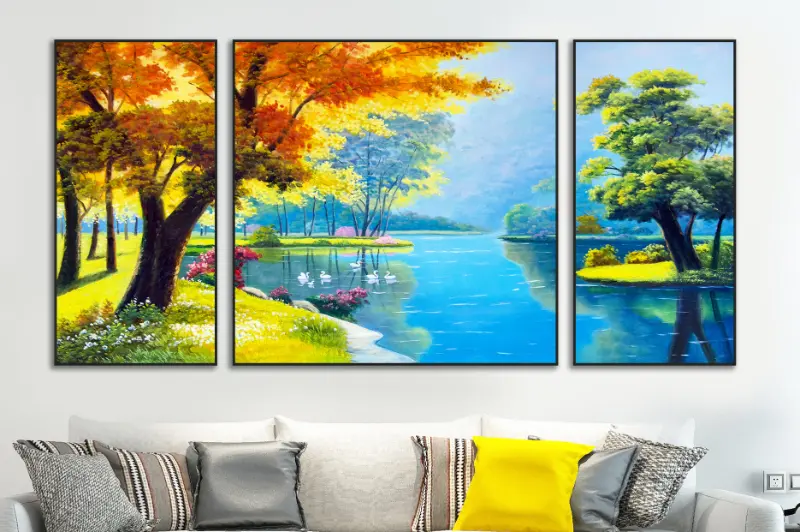 Tranh bộ nhiều tấm tạo hiệu ứng chiều ngang đẹp cho phòng khách lớn