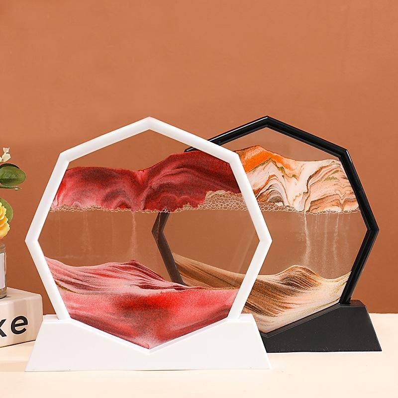 Hai mẫu tranh cát chảy 3D hình lục giác với các tông màu khác nhau, mang tính nghệ thuật độc đáo