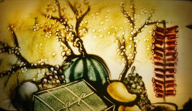 Tranh cát chủ đề mâm ngũ quả tết truyền thống