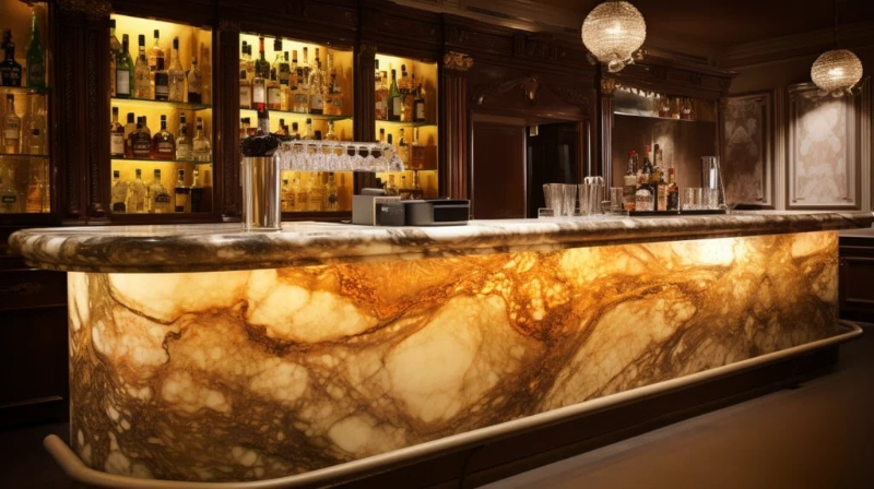Ốp tranh đá xuyên sáng cho quầy bar