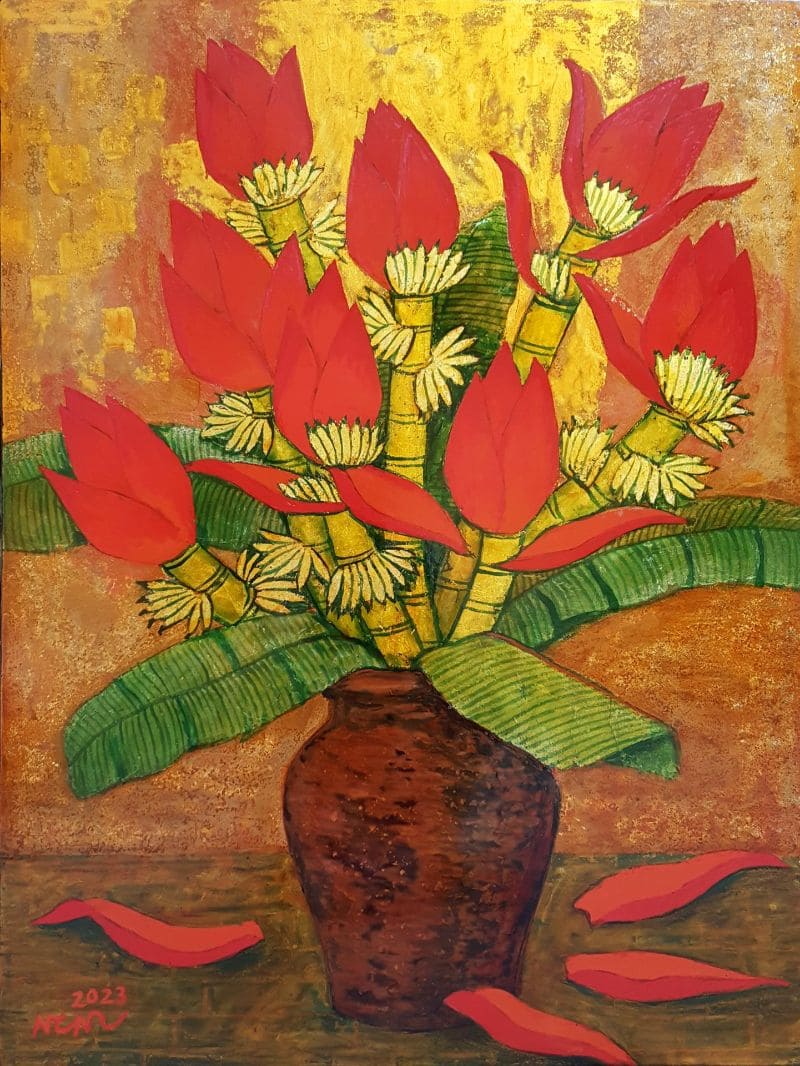 Tranh hoa chuối đỏ trong bình gốm