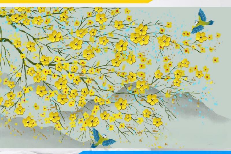 Tranh hoa mai canvas với chim én bay lượn