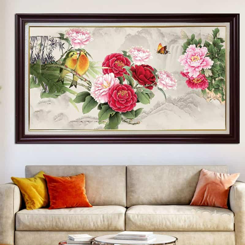 Tranh hoa với hai chú chim, mang ý nghĩa phú quý