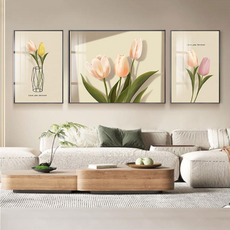Bộ ba tranh hoa tulip hồng và vàng trang trí phòng khách hiện đại 