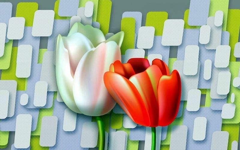 Tranh 3D hai bông tulip với họa tiết hình học hiện đại