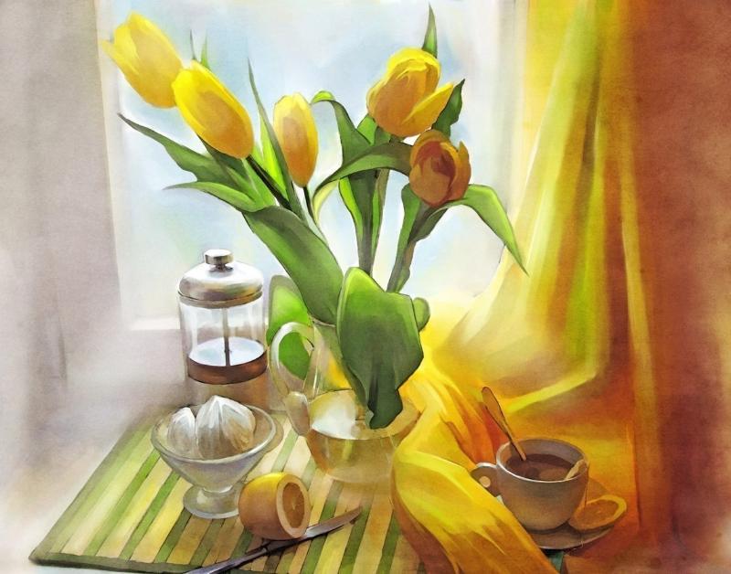 Tranh hoa tulip vàng
