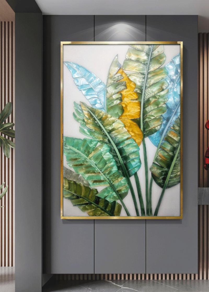 Tranh khảm trai hiện đại với hình ảnh cây cối mang lại sự tươi mới, độc đáo cho không gian phòng khách
