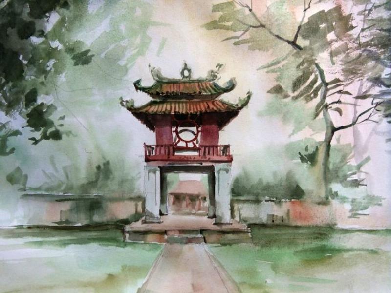 Tranh Khuê Văn Các sử dụng màu sắc nhẹ nhàng, gợi cảm cổ kính, thanh bình