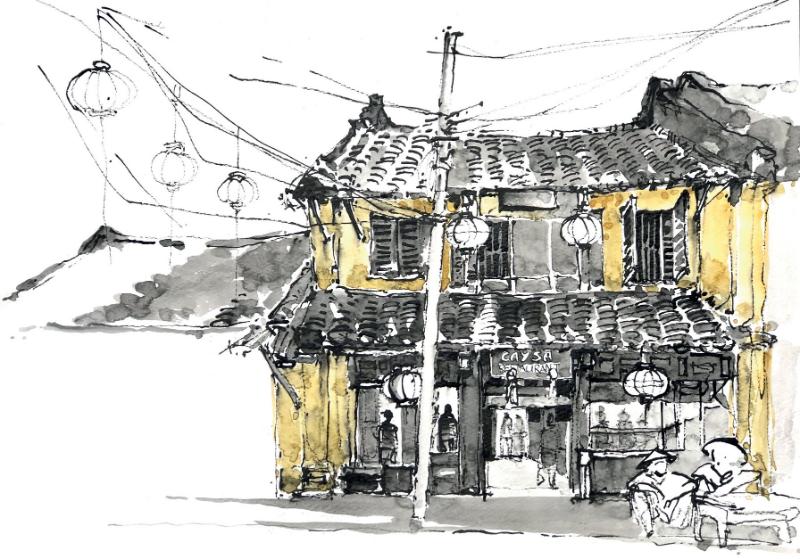 Tranh ký họa phác thảo phong cảnh đơn giản nhưng chi tiết về núi non, sông ngòi và cây cối, truyền tải sự yên bình của thiên nhiên
