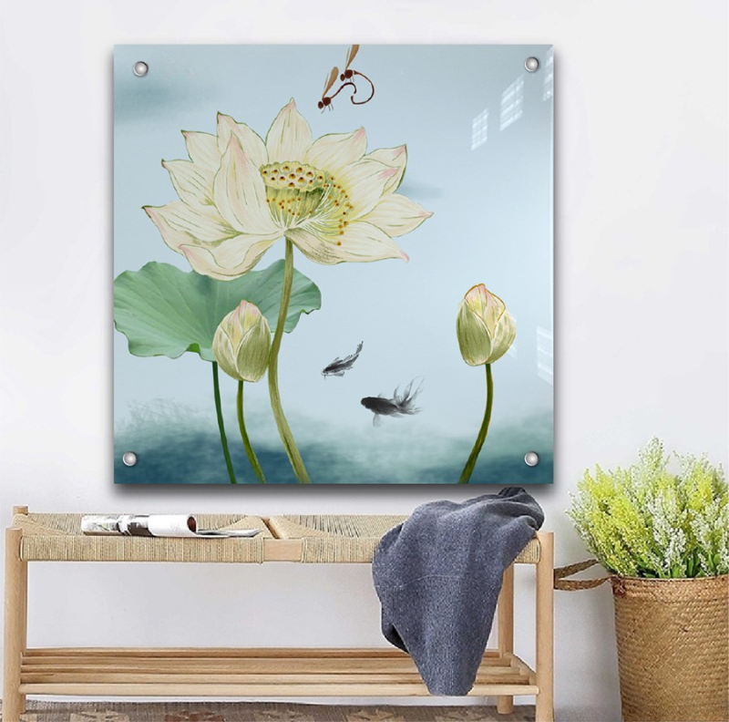 Tranh kính 3D hình hoa sen trắng thanh thoát, phù hợp với không gian nhẹ nhàng