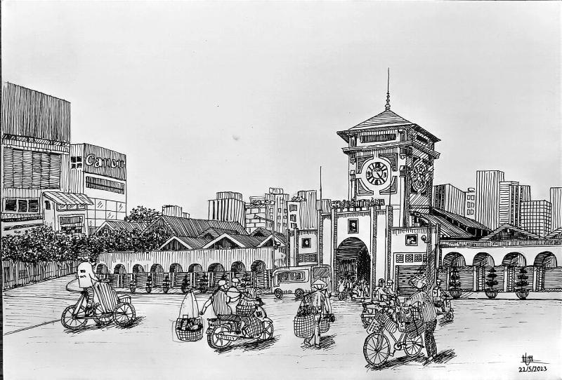 Tranh kí họa cảnh buôn bán tấp nập trên phố
