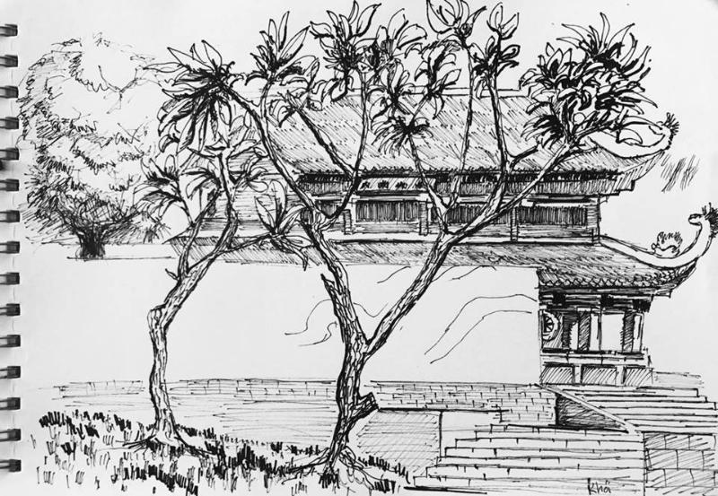 Tranh ký họa cánh sân đình