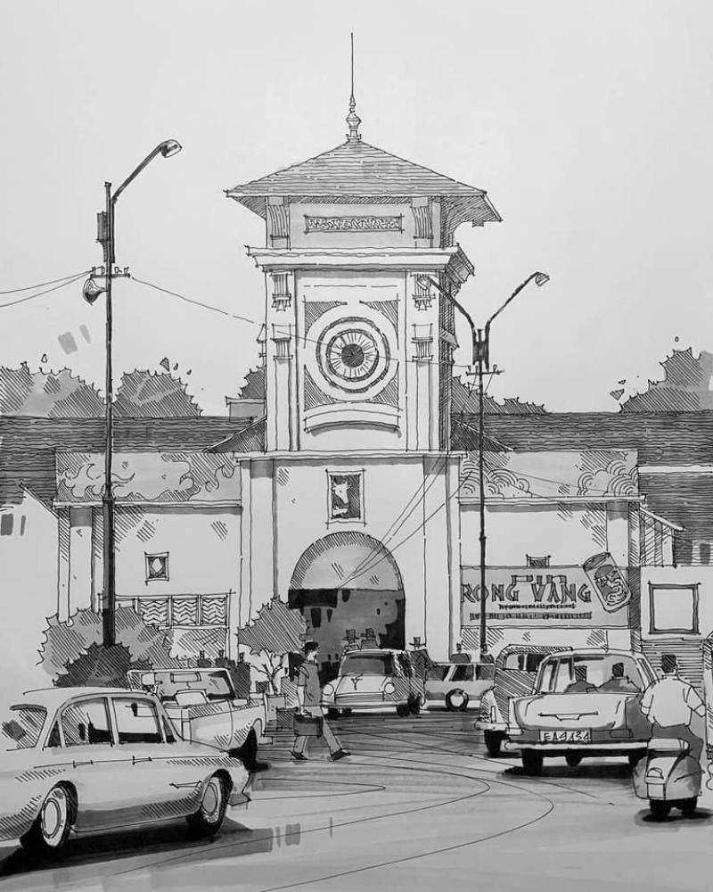 Tranh ký họa một góc phố sài gòn cũ tập nập xe cộ