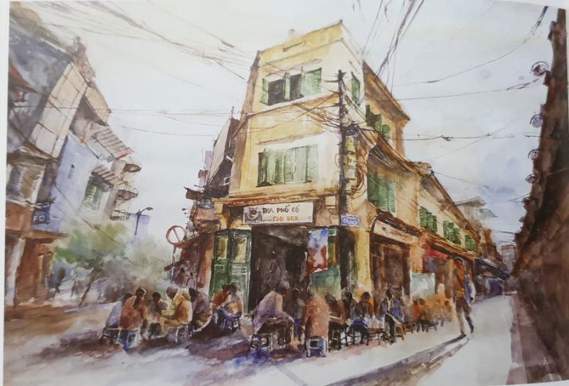 Bức ký họa màu nước một góc phố cổ với những quán cà phê và người ngồi thư giãn