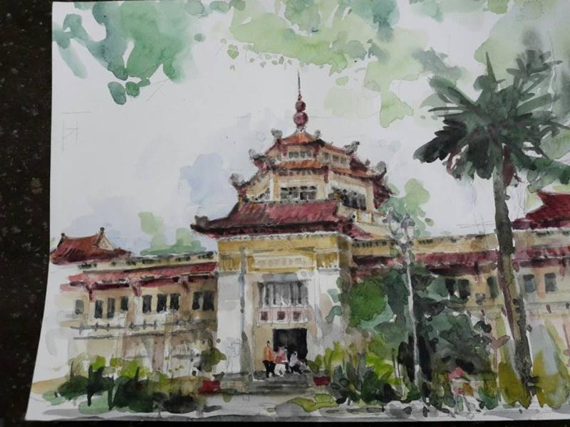 Tranh ký họa màu nước một công trình kiến trúc cổ kính với mái ngói đỏ và cây xanh