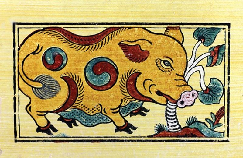 Tranh "Lợn ăn cây ráy" với những đường nét mộc mạc, đơn giản