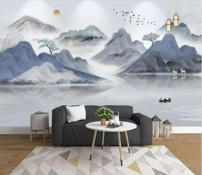 Tranh núi 3D dán tường lấy gam màu xanh xám làm chủ đạo, mây mù vây quanh chân núi