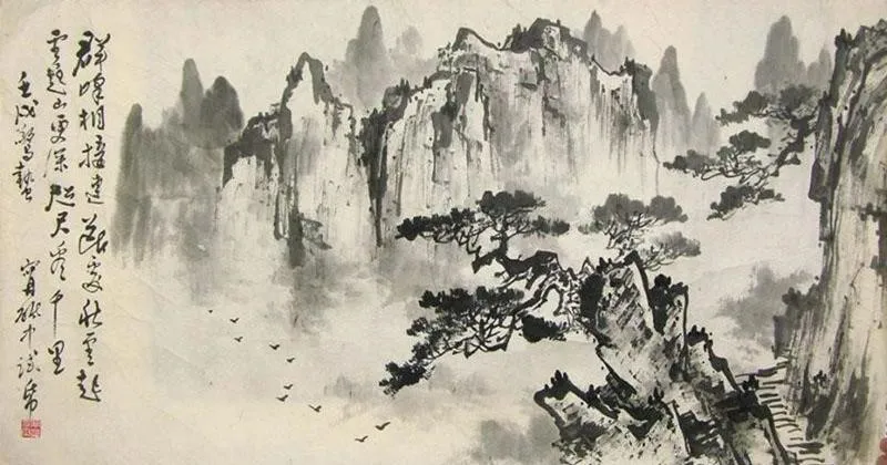 Tranh núi thủy mặc tối giản, chỉ với hai màu đen trắng, thể hiện sự tĩnh lặng và thiền định