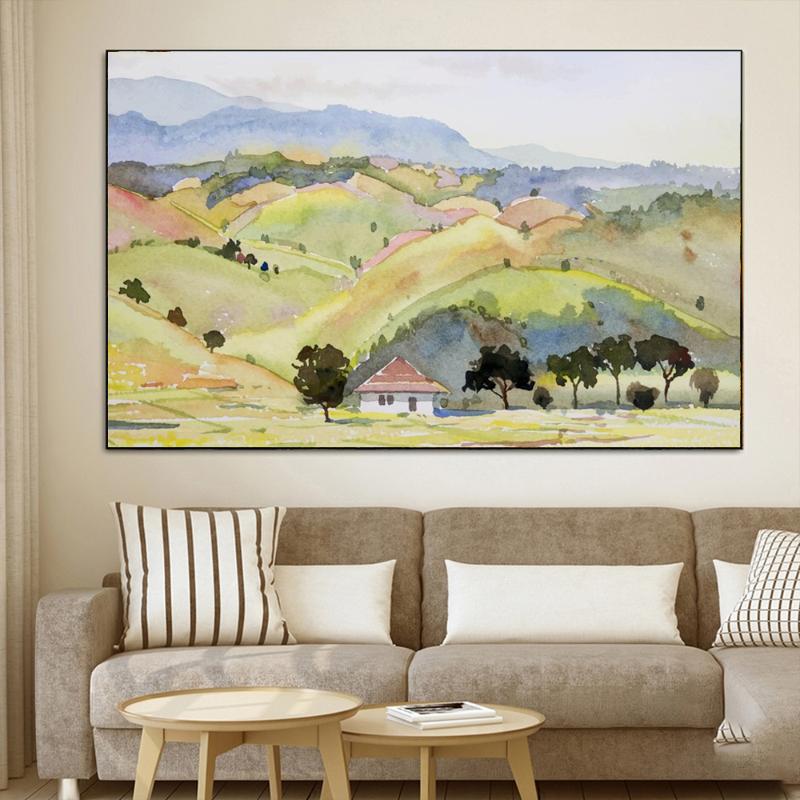 Top 13+ Tranh phong cảnh màu nước đẹp nhất hiện nay - Artnam 15 Bình yên mùa nước – mái nhà đỏ giữa triền đồi xanh, ôm trọn hồn quê trong làn sương sớm