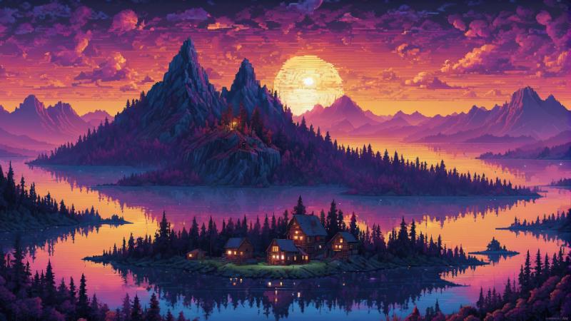 Tranh phong cảnh pixel ánh nắng và hoàng hôn