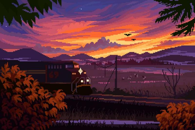Tranh pixel nghệ thuật với tàu lửa kết hợp mặt trời rực đỏ