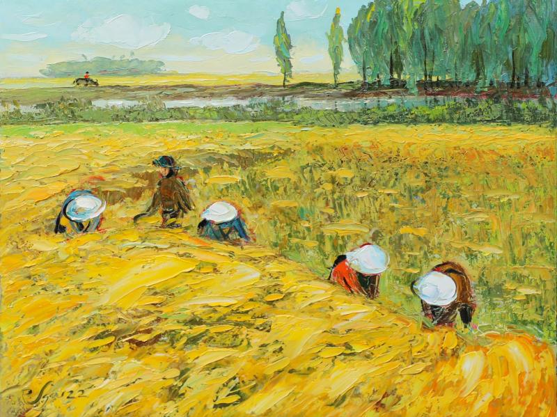 Bức tranh sơn dầu mang màu sắc ấm áp, sống động, tái hiện chân thực vẻ đẹp của thiên nhiên.