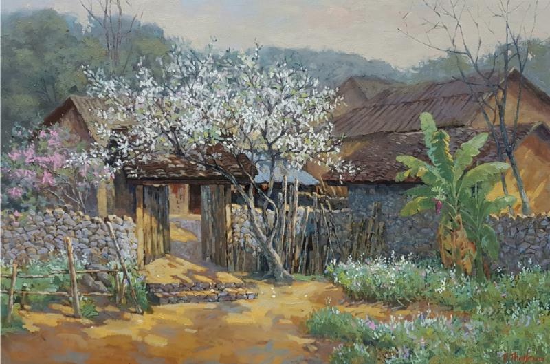Tranh sơn dầu thể hiện sự mộc mạc, gần gũi với phong cách vẽ tạo khối rõ nét.