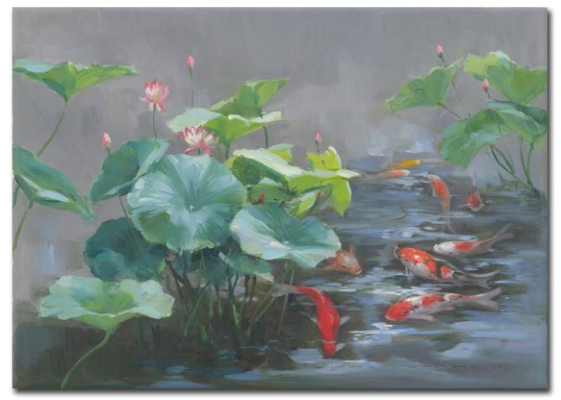 Tranh cá chép hoa sen sơn dầu trên vải canvas