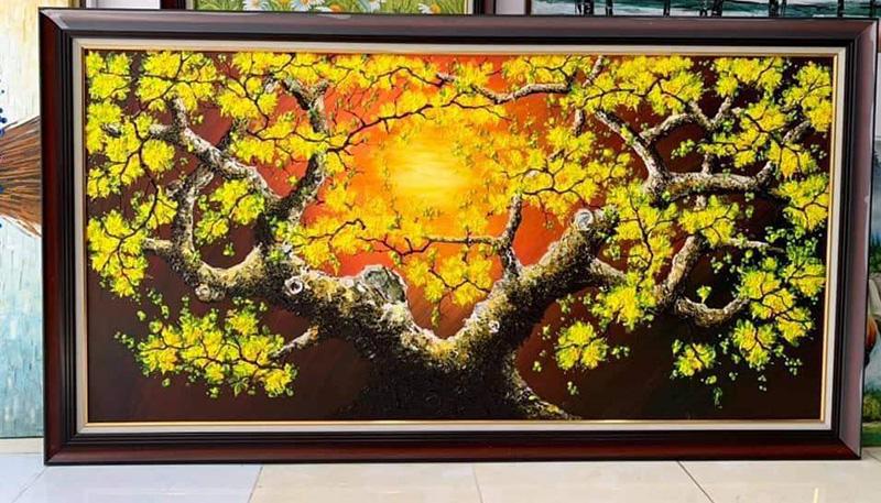 Tranh sơn dầu hoa mai phong cảnh ngày tết