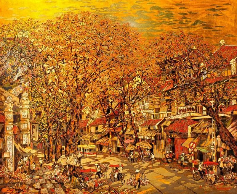 Vẻ đẹp bình dị của của phố phường Hà Nội được tái hiện trong tranh sơn mài