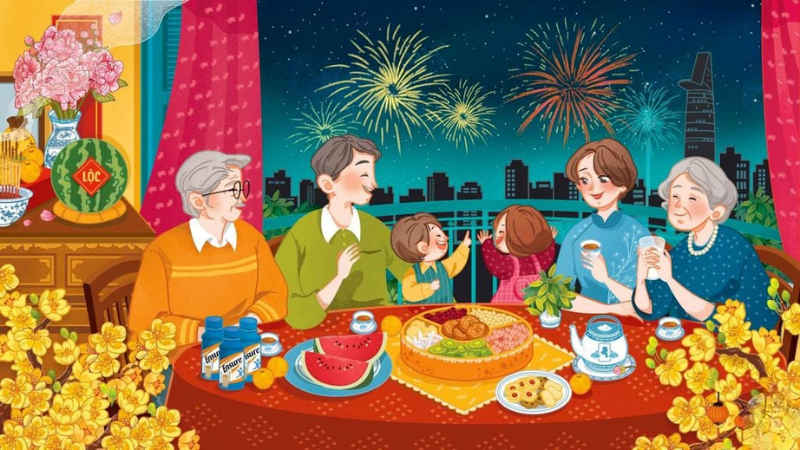 Tranh hiện đại với cảnh gia đình sum vầy bên mâm cỗ Tết, pháo hoa rực rỡ ngoài cửa sổ, thể hiện không khí ấm cúng và hạnh phúc