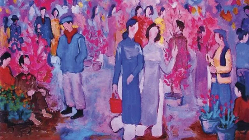 Tranh hiện đại với cảnh gia đình sum vầy bên mâm cỗ Tết, pháo hoa rực rỡ ngoài cửa sổ, thể hiện không khí ấm cúng và hạnh phúc