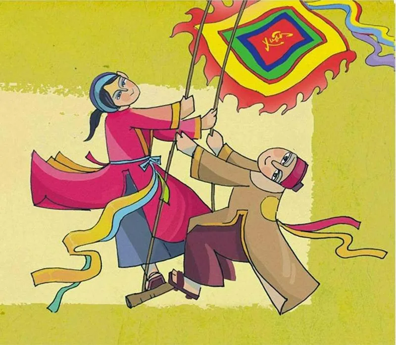 Tranh dân gian với hình ảnh hai em bé đang chơi đu, thể hiện sự vui vẻ, lạc quan