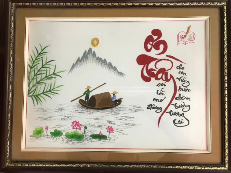 Tranh thêu tay chữ thư pháp ơn thầy