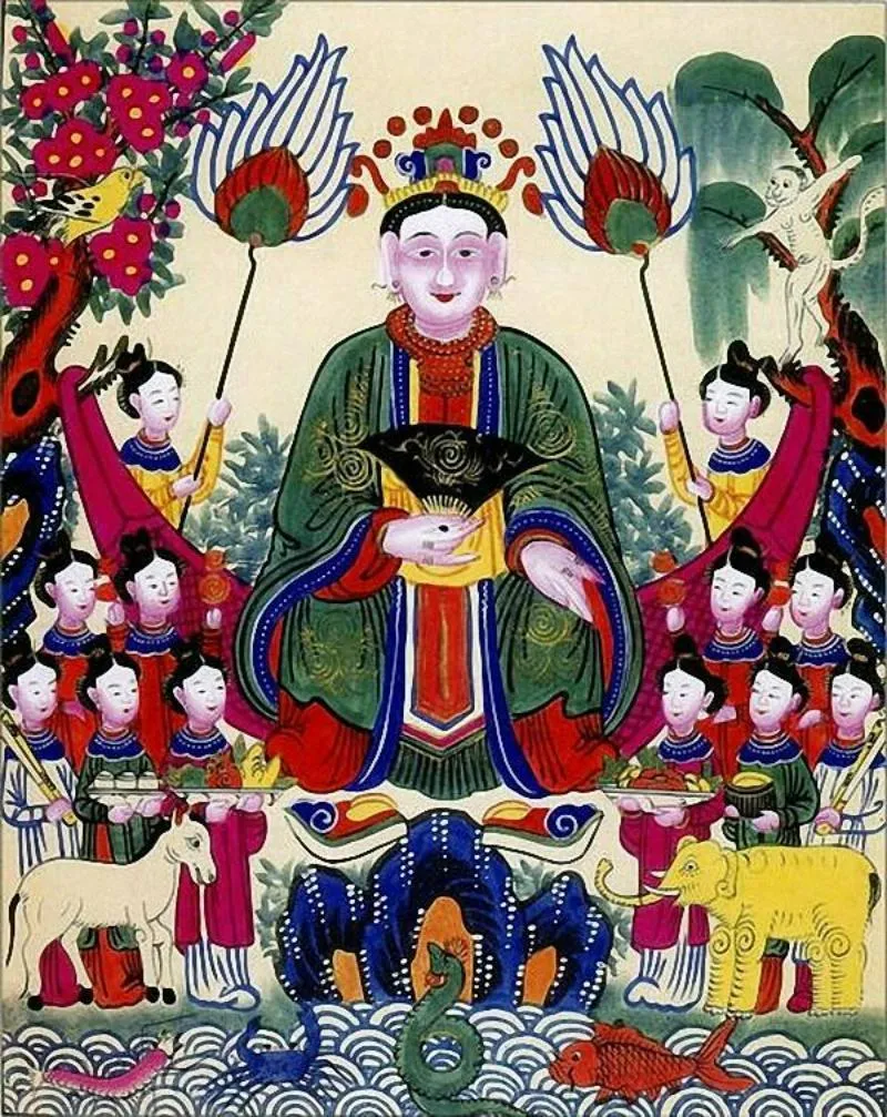 Tranh thờ Mẫu Tam Phủ trên giấy dó, một di sản văn hóa phi vật thể của Việt Nam, với màu sắc tươi sáng, biểu trưng cho các vị Thánh Mẫu