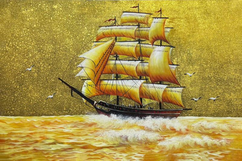 Tranh thuyền buồm vàng sang trọng giữa phong cảnh sông núi vàng rực rỡ