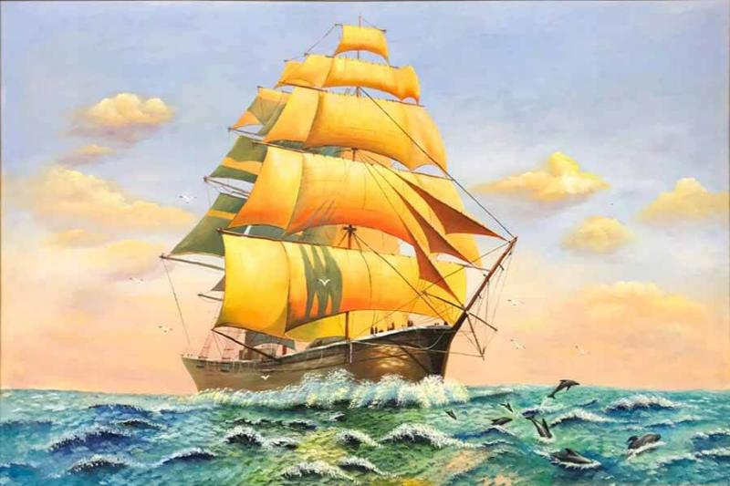 Tranh thuyền buồm vàng trong khung cảnh hoàng hôn mang lại sự ấm áp