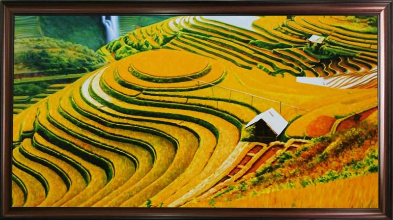 Tranh treo tường 3D ruộng bậc thang mùa lúa chín vàng