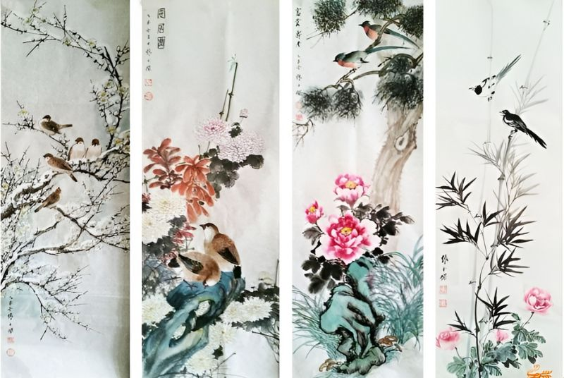 Bố cục của tranh tứ bình theo mùa
