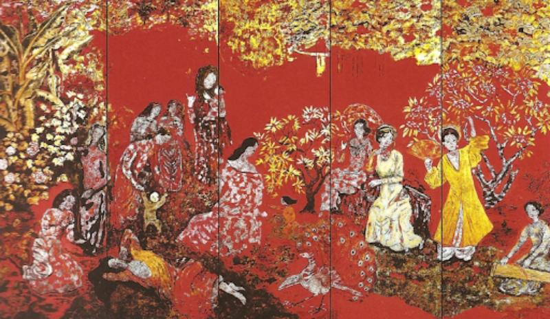 Tác phẩm tranh sơn mài vẽ tay “Vườn xuân Trung Nam Bắc” của họa sĩ Nguyễn Gia Trí.