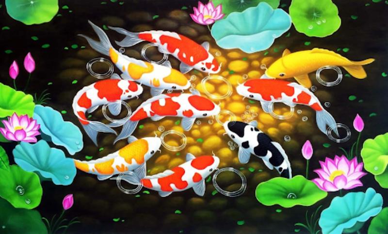 Tranh Cửu Ngư Quần Hội cá chép và hoa sen