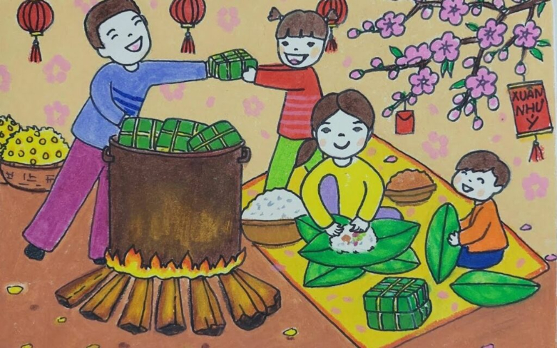 Tranh nấu bánh trưng tết nguyên đán