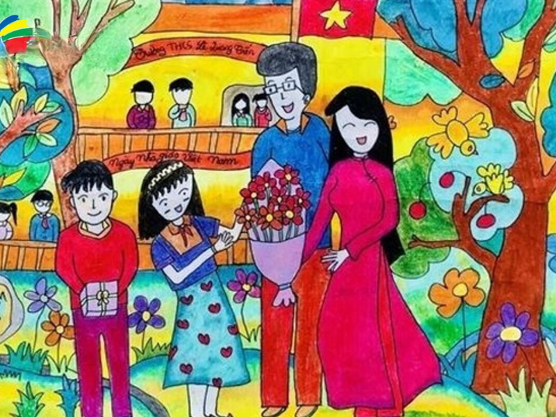 Bức tranh trường học – Tình thầy trò, bạn bè tái hiện Ngày Nhà giáo Việt Nam đầy ý nghĩa, ca ngợi truyền thống tôn sư trọng đạo và sự gắn kết yêu thương.
