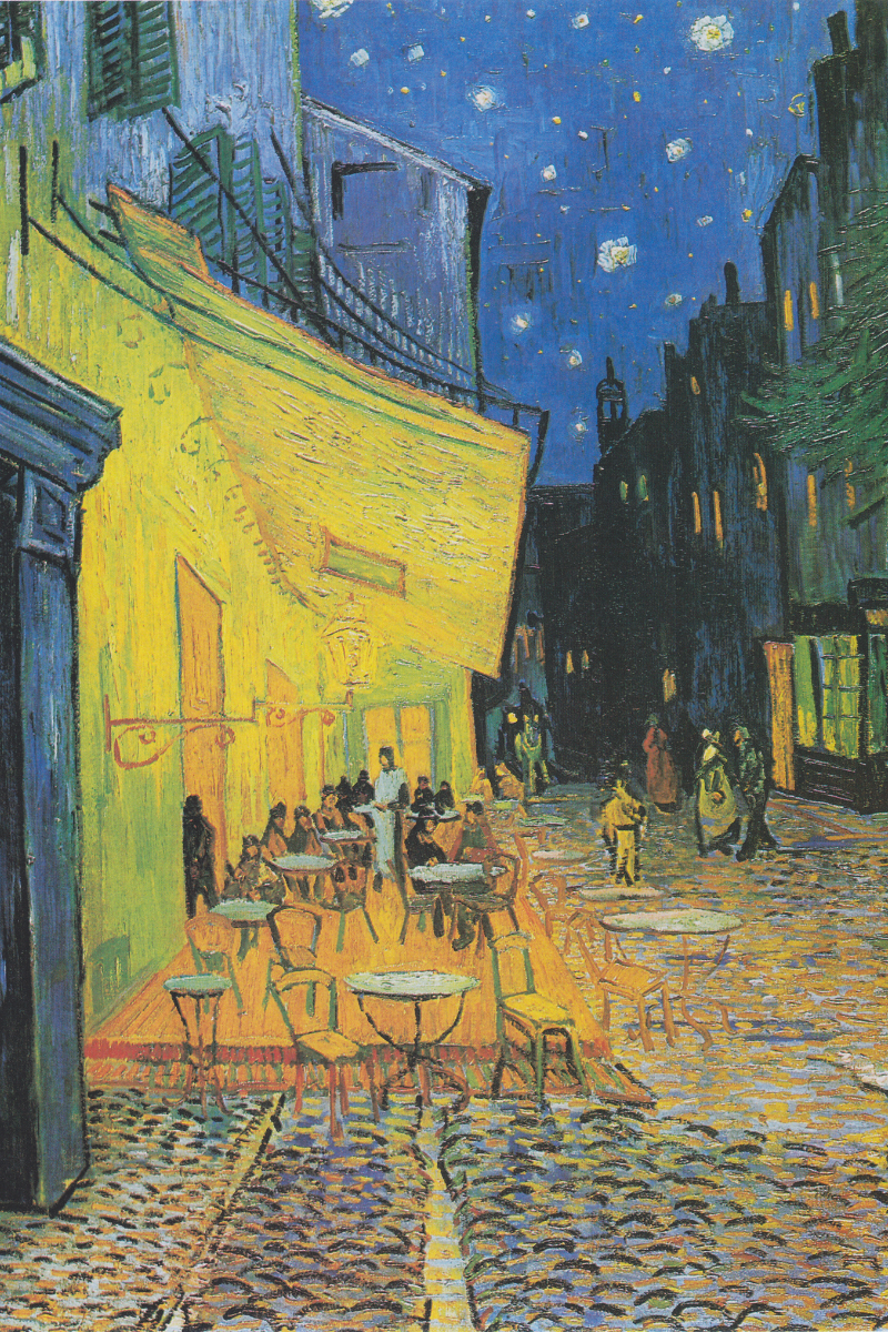 Bức Café Terrace at Night (1888) của Van Gogh khắc họa quán cà phê rực sáng dưới bầu trời đầy sao, với gam màu vàng – xanh tương phản ấn tượng. Tác phẩm thể hiện tài năng độc đáo của ông trong việc kết hợp ánh sáng và không gian đô thị.