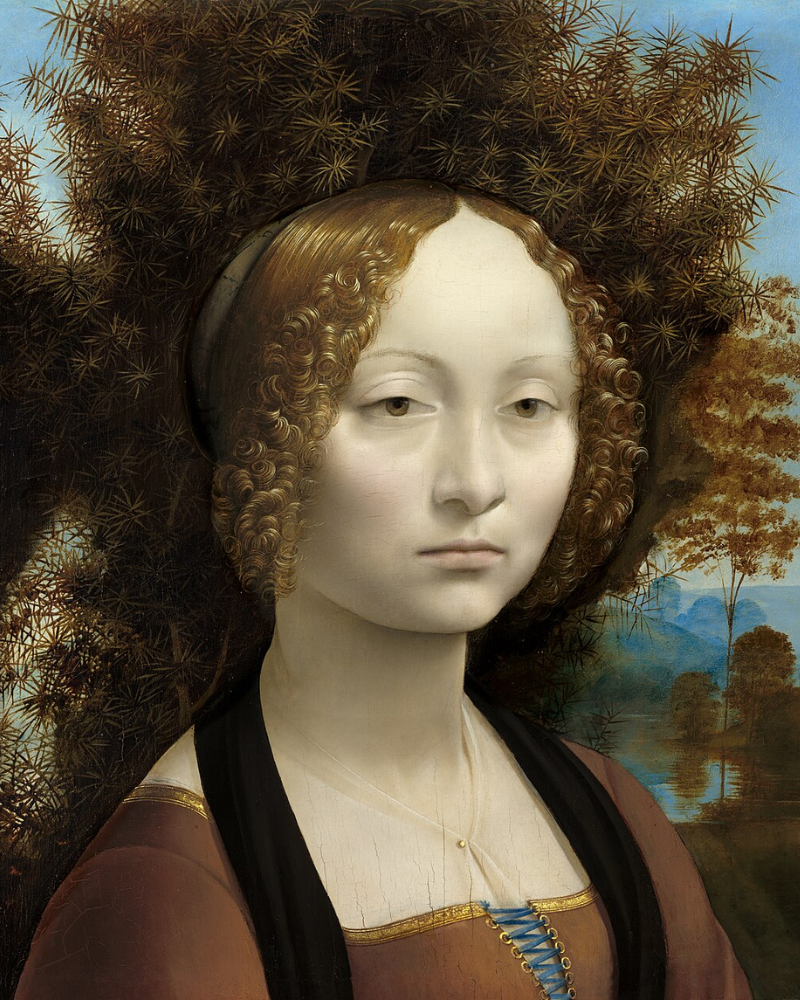 Ginevra de’ Benci (1474–1478) – Bức chân dung sớm của Leonardo da Vinci, khắc họa vẻ đẹp và phẩm hạnh của quý tộc Florence, hiện lưu giữ tại National Gallery of Art, Washington D.C.