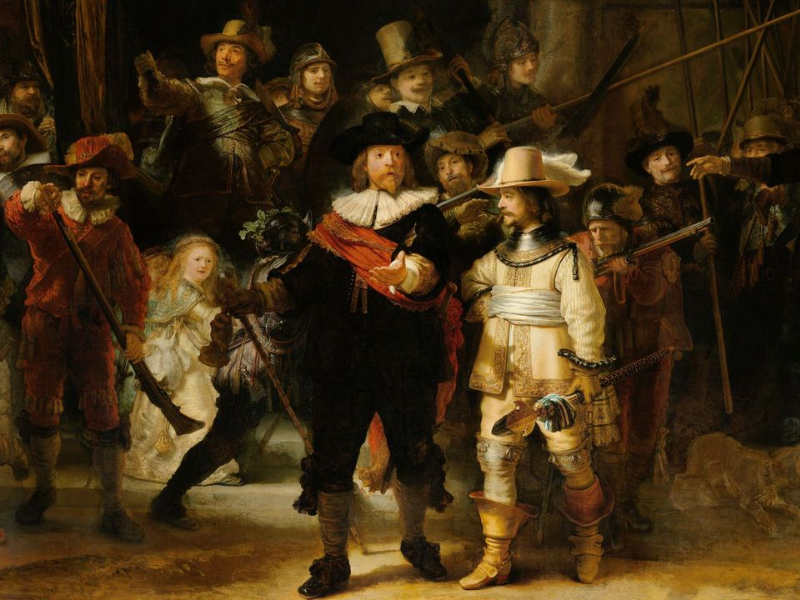 The Night Watch (1642) của Rembrandt là kiệt tác hội họa Hà Lan, nổi bật với bố cục sống động và kỹ thuật ánh sáng – bóng tối đầy kịch tính.